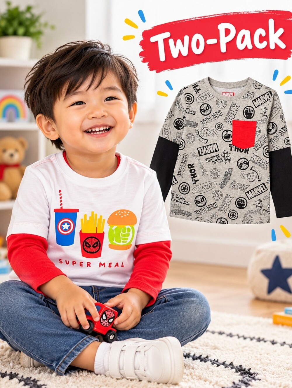 Marvel Boys 2T Long Sleeve 2-in-1 Graphic T-Shirts 2-Pack NWT - Picture 1 of 5